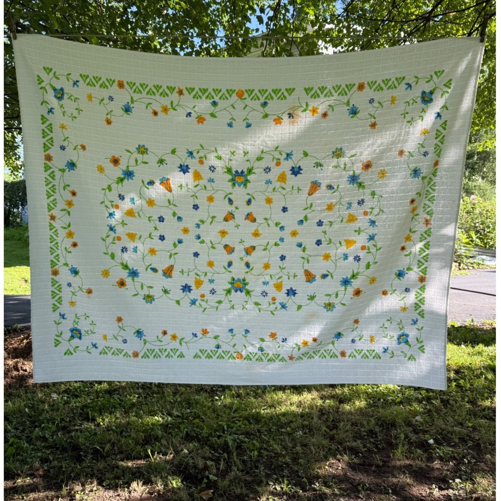 Vintage Terry Cloth Floral Woven Tablecloth White Blue Orange Green 52x65